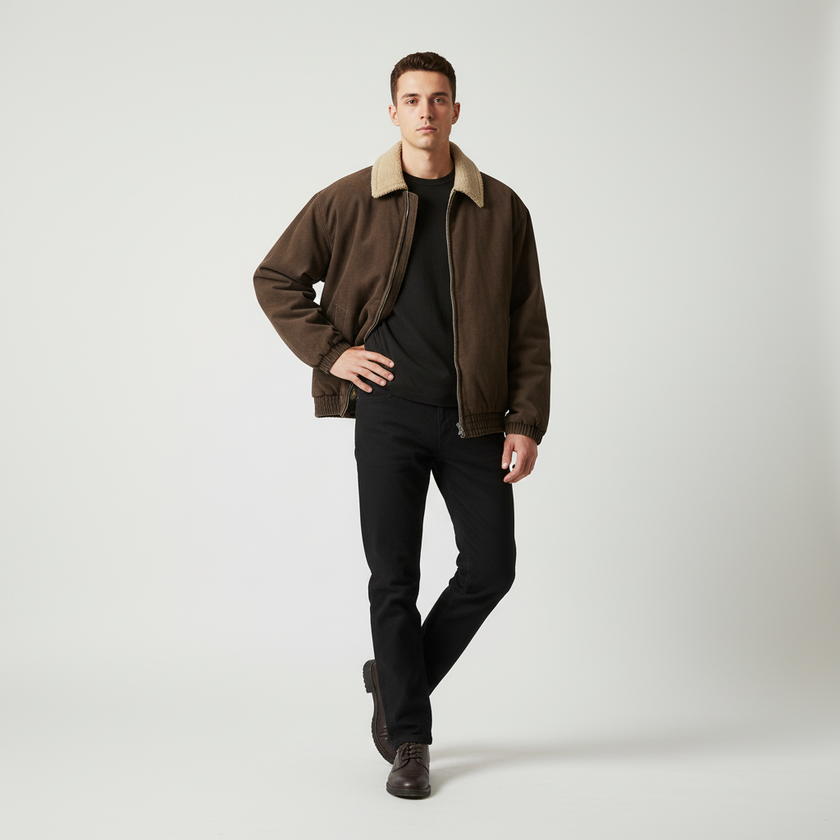 Sherpa Collar Jacket Men Cotton Blend Zip Front Regular Fit