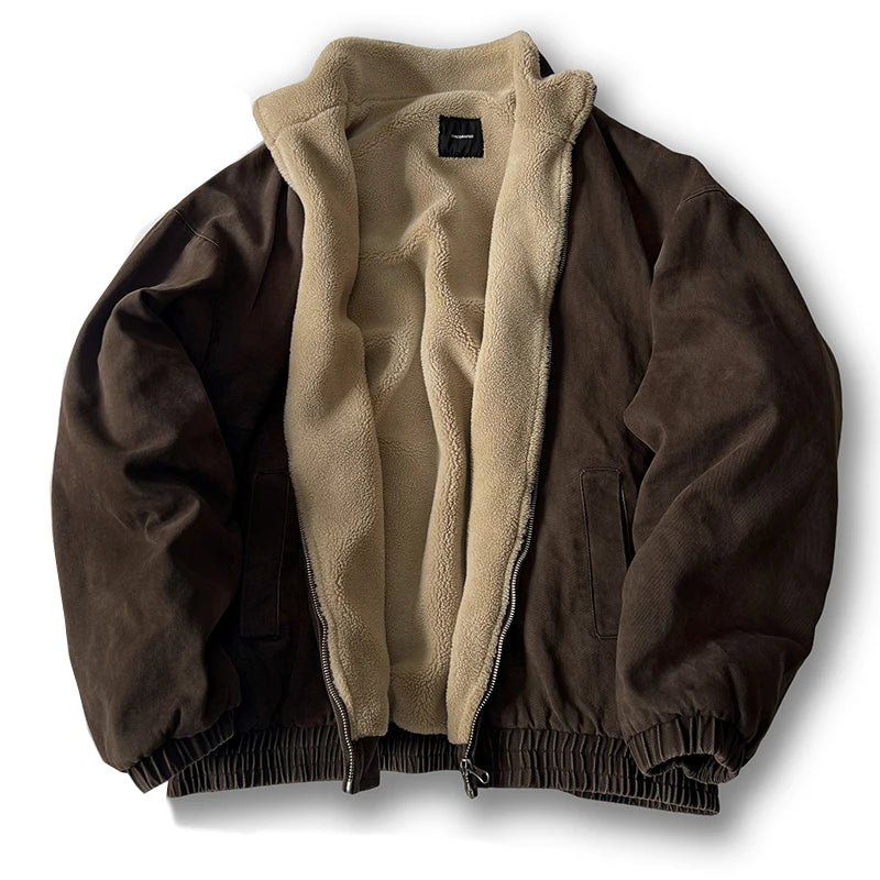 Sherpa Collar Jacket Men Cotton Blend Zip Front Regular Fit