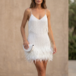 White FJØRNA elegant mini dress for women with v-neck and cami straps, perfect for stylish summer or evening wear.