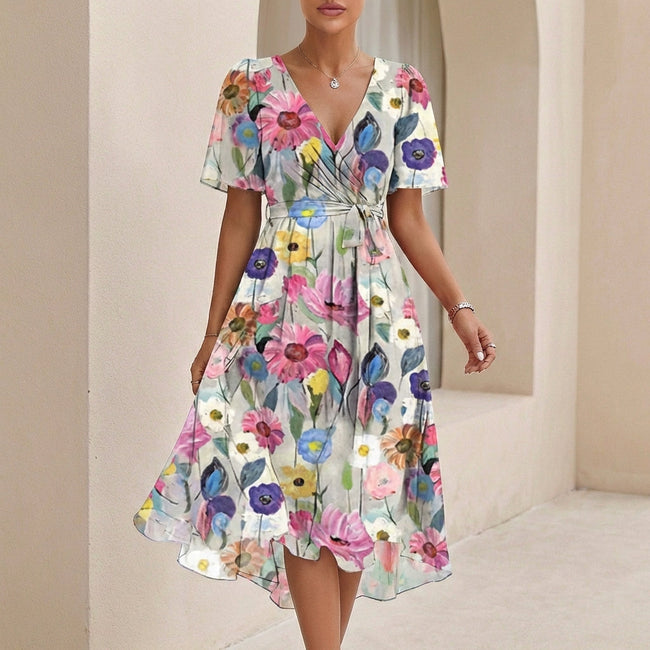 White FJØRNA elegant midi dress for women with v-neck and short sleeves, featuring a wrap design.