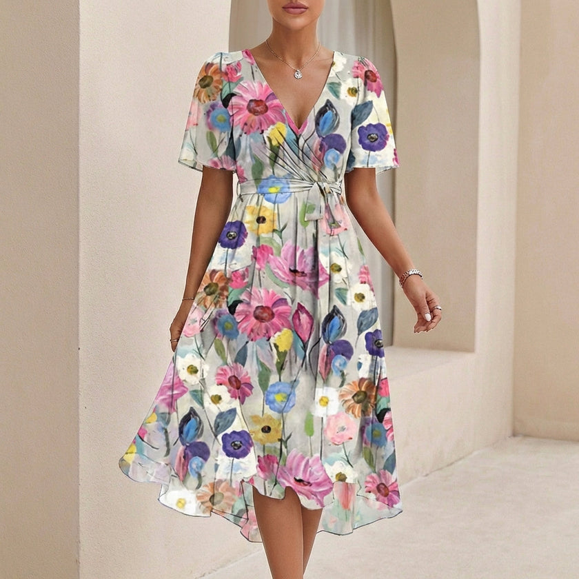White FJØRNA elegant midi dress for women with v-neck and short sleeves, featuring a wrap design.
