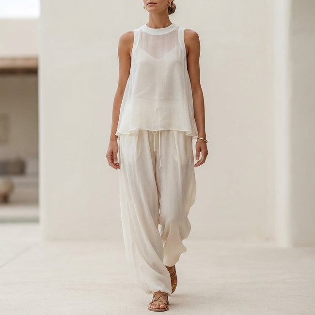 White FJØRNA women's two-piece set with drawstring high neck, stylish co-ord outfit featuring a modern, elegant design.