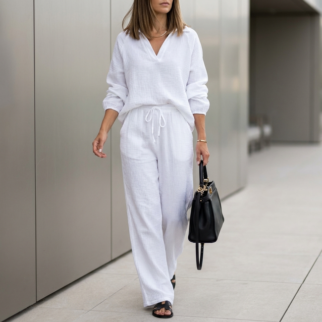 White summer two-piece women's co-ord set with drawstring waistband, relaxed fit, from FJØRNA.