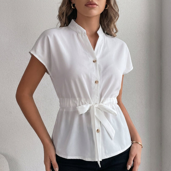 White FJØRNA summer blouse for women with cap sleeves, made of denim, stylish and lightweight top for warm weather.