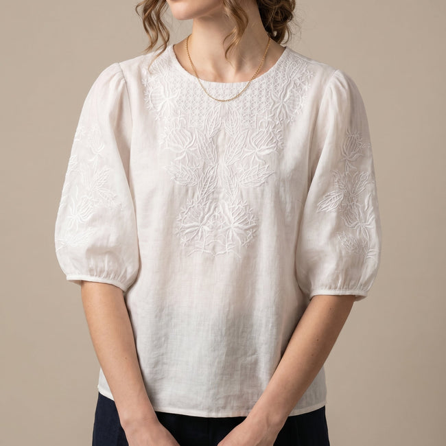 FJØRNA women's summer floral V-neck top in white, lightweight breathable blouse with a feminine floral pattern.