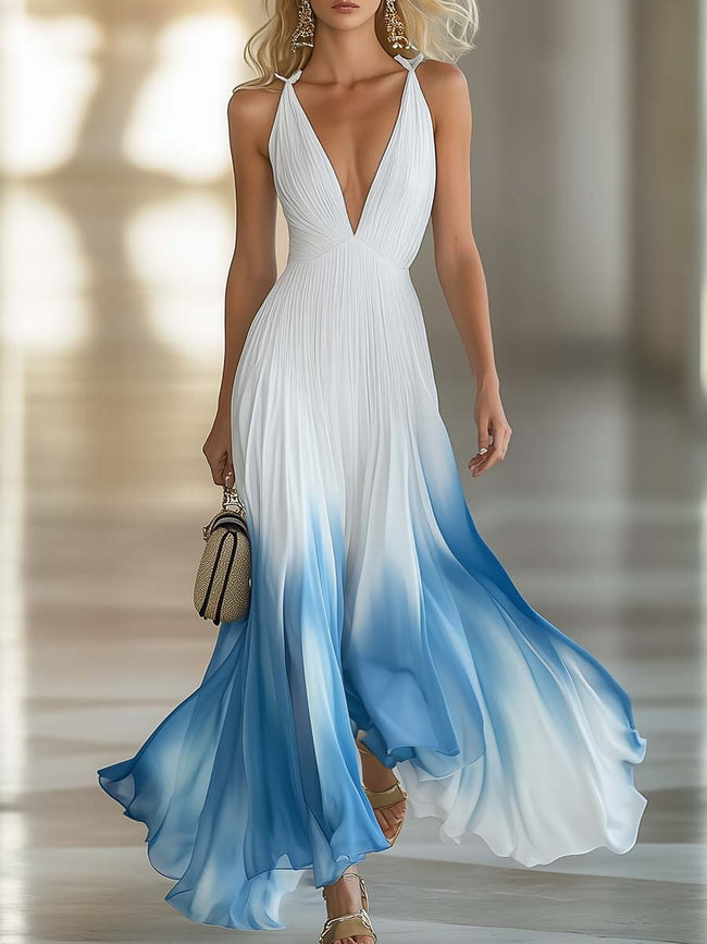 White chiffon V-neck maxi dress by FJØRNA, elegant evening dress with flowing fabric and a stylish V-neckline.