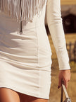 White faux suede V-neck mini dress by FJØRNA featuring a casual style, slim fit, and sleeveless design.