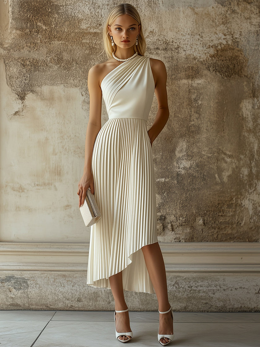 White pleated midi evening dress by FJØRNA, featuring elegant pleats and a flowing silhouette, perfect for formal occasions.