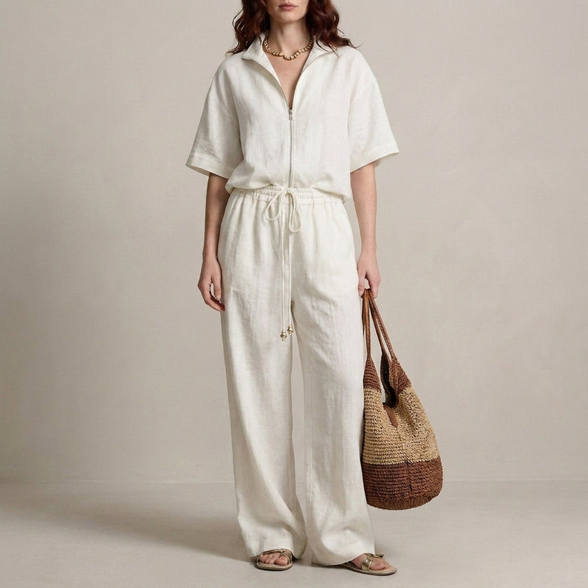 White FJØRNA two-piece women's co-ord set with drawstring detail, stylish and comfortable for casual or trendy outfits.