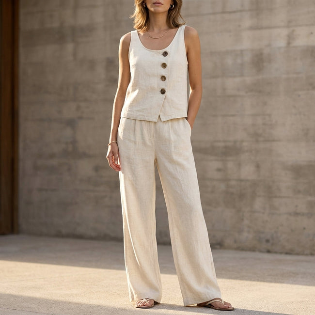 White summer two-piece co-ord set for women by FJØRNA featuring a casual matching top and pants with pockets.