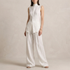 White FJØRNA women's two-piece co-ord set with an asymmetric high neck, featuring a stylish and elegant design.
