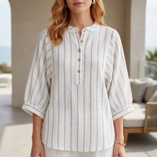 White striped linen summer blouse for women with button front, stylish and breathable FJØRNA women's top.