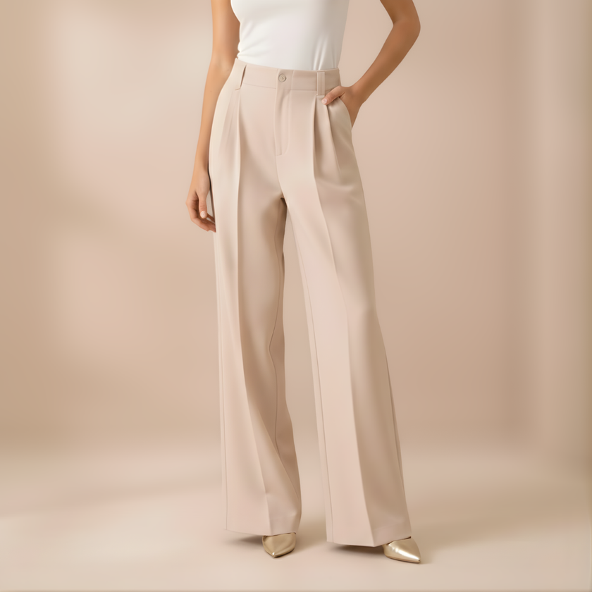FJØRNA women's high-waist wide-leg trousers, loose pull-on pants with a relaxed fit, shown on a model.