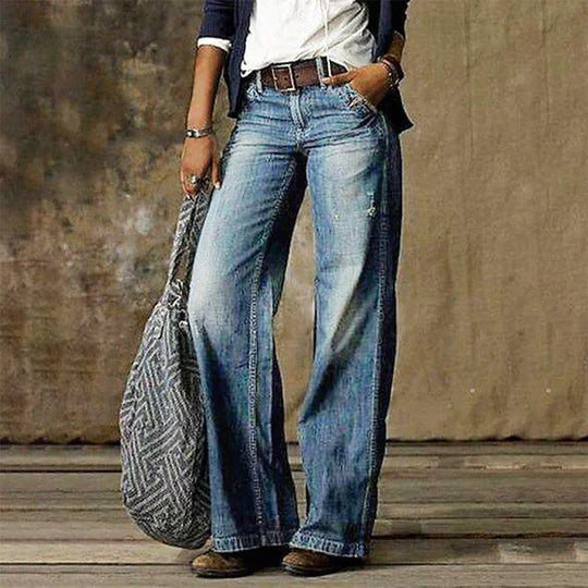 Wide Leg Jeans Women Vintage Wash High Waist Denim