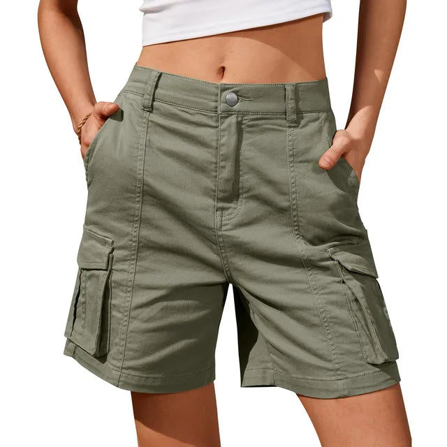 FJØRNA women's lightweight summer cargo shorts with high waist, elastic waistband, and front pockets, casual and versatile for warm weather.
