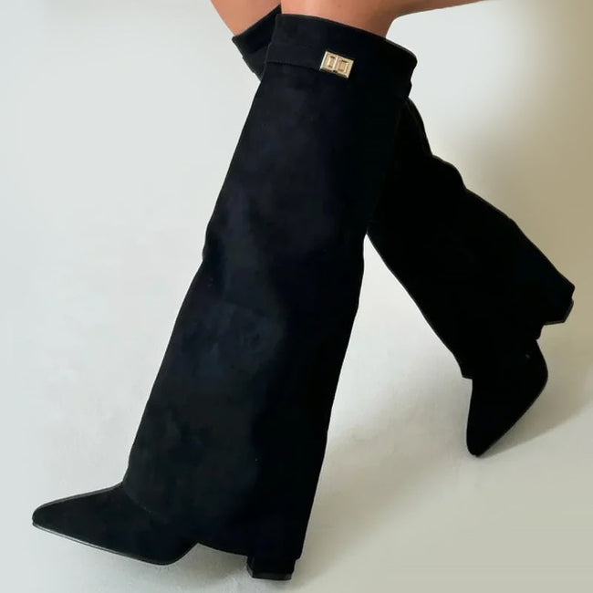 FJØRNA women's orthopedic knee-high suede boots with buckle detail and fold-over cuff for stylish support and comfort.