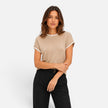 Women’s FJØRNA contrast trim knit top with short sleeves and crew neck, showcasing a stylish, fitted women's shirt.