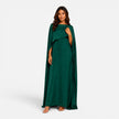Women wearing FJØRNA women's draped sleeve maxi dress, flowing fabric, elegant design perfect for formal occasions.