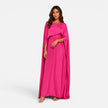 Women wearing a navy FJØRNA draped sleeve maxi dress with flowing fabric and elegant design.