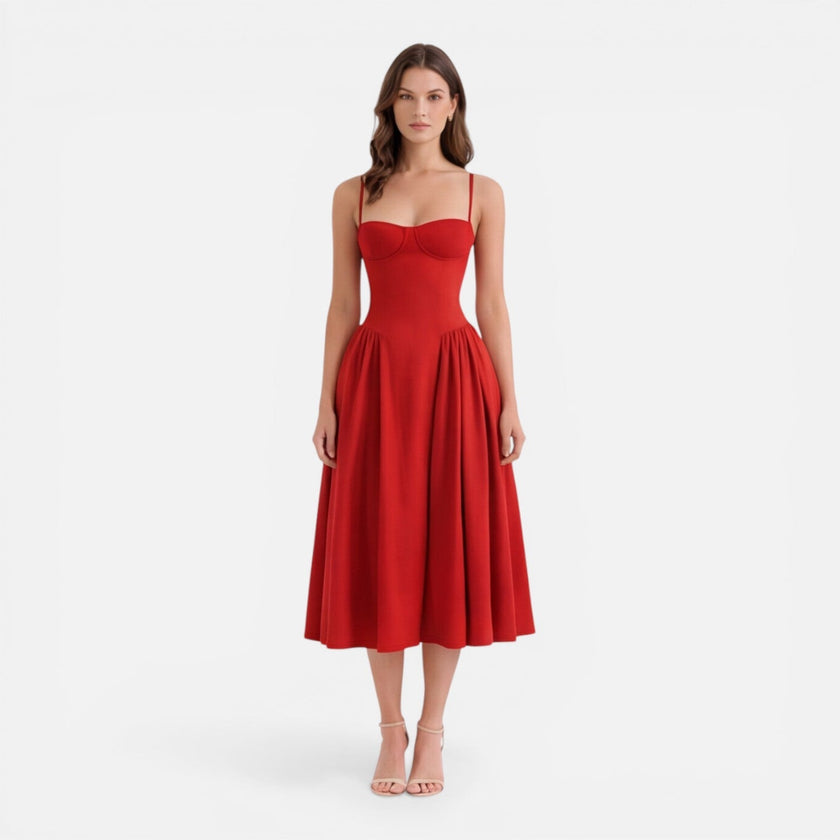 Women's elegant midi dress by FJØRNA featuring a strap A-line design, perfect for wedding guests and formal occasions.