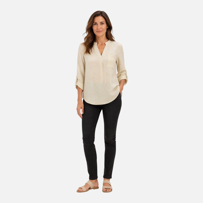 Women's elegant V-neck long sleeve blouse by FJØRNA, dressy casual top with a stylish V-neck design and long sleeves.