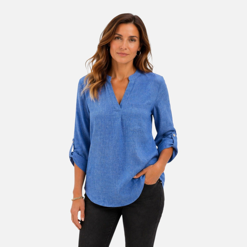Women’s elegant V-neck long sleeve blouse by FJØRNA, dressy casual top with stylish fit and soft fabric.
