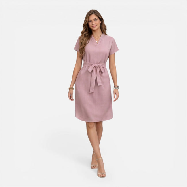Lightweight women's midi dress by FJØRNA with V-neck, short sleeves, and a belt for a stylish, casual look.