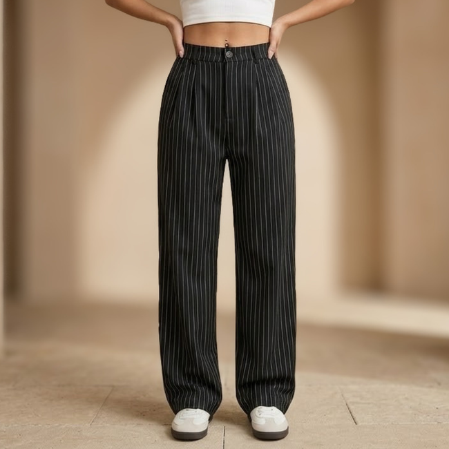 Women’s pinstripe high-waisted wide-leg trousers by FJØRNA, stylish and tailored pants with a pinstripe pattern and wide-leg fit.