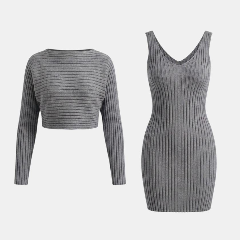 Women’s ribbed knit top and skirt co-ord set by FJØRNA, featuring a matching two-piece knit outfit for casual style.