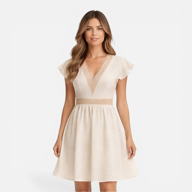 Women's lightweight V-neck summer dress by FJØRNA featuring an A-line silhouette and lace waist detail.