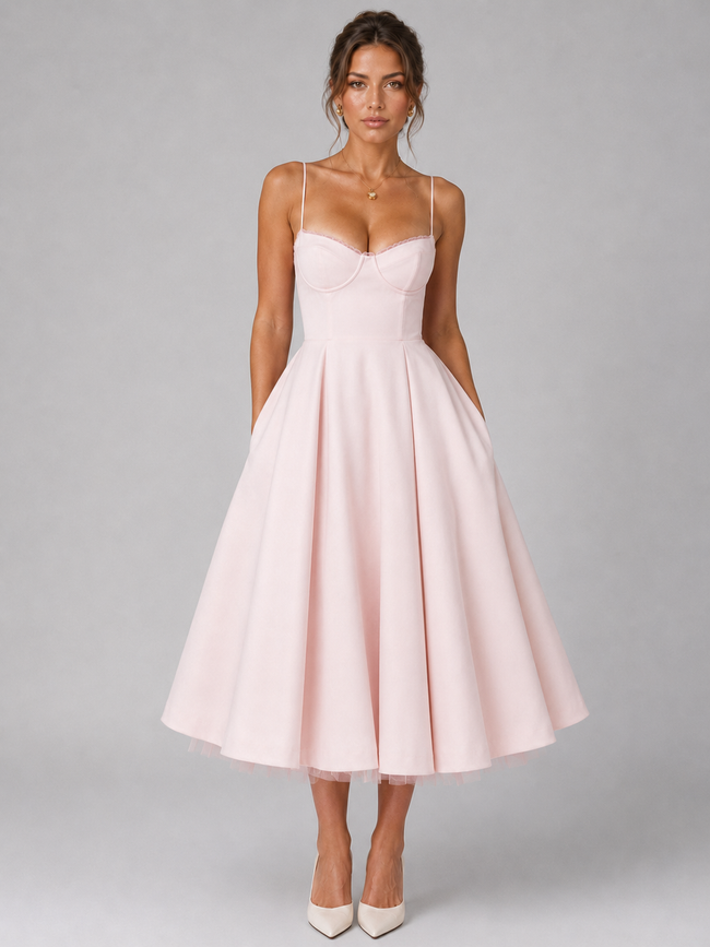 FJØRNA women's corset midi dress with full skirt, elegant occasion style, featuring fitted bodice and flowing skirt, perfect for formal events.