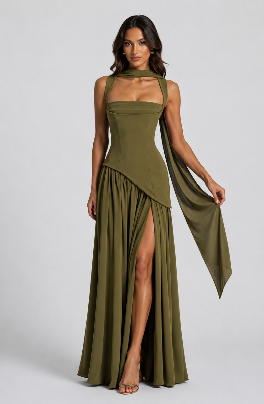 Elegant women's one-shoulder satin maxi dress with side slit by FJØRNA, showcasing a draped, sculpted silhouette.
