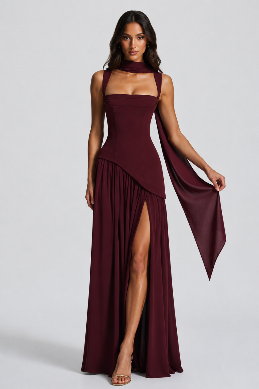 Women's satin one-shoulder maxi dress with side slit by FJØRNA, featuring a draped, sculpted silhouette for elegant style.