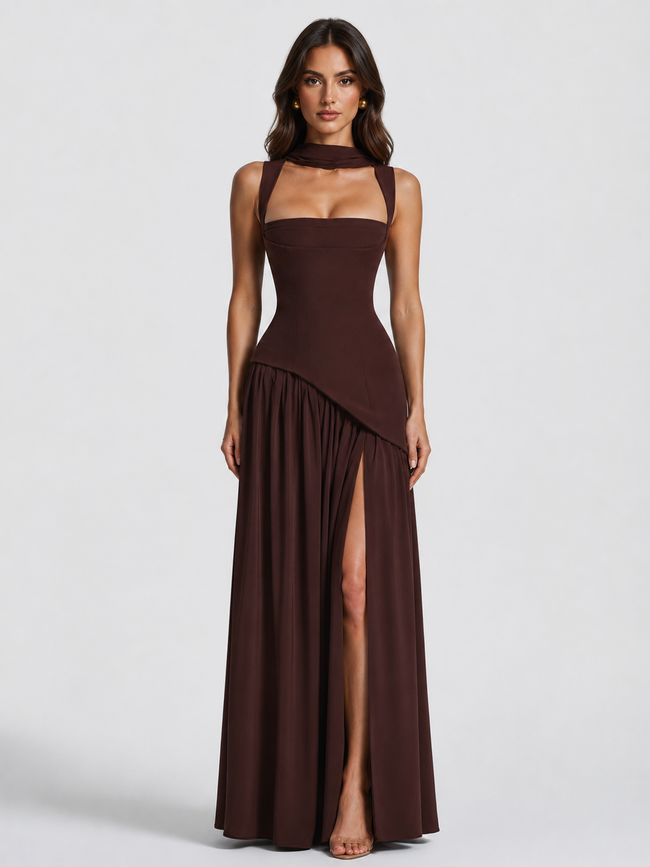 Elegant women's one-shoulder satin maxi dress with side slit by FJØRNA, featuring a draped silhouette and sculpted fit.