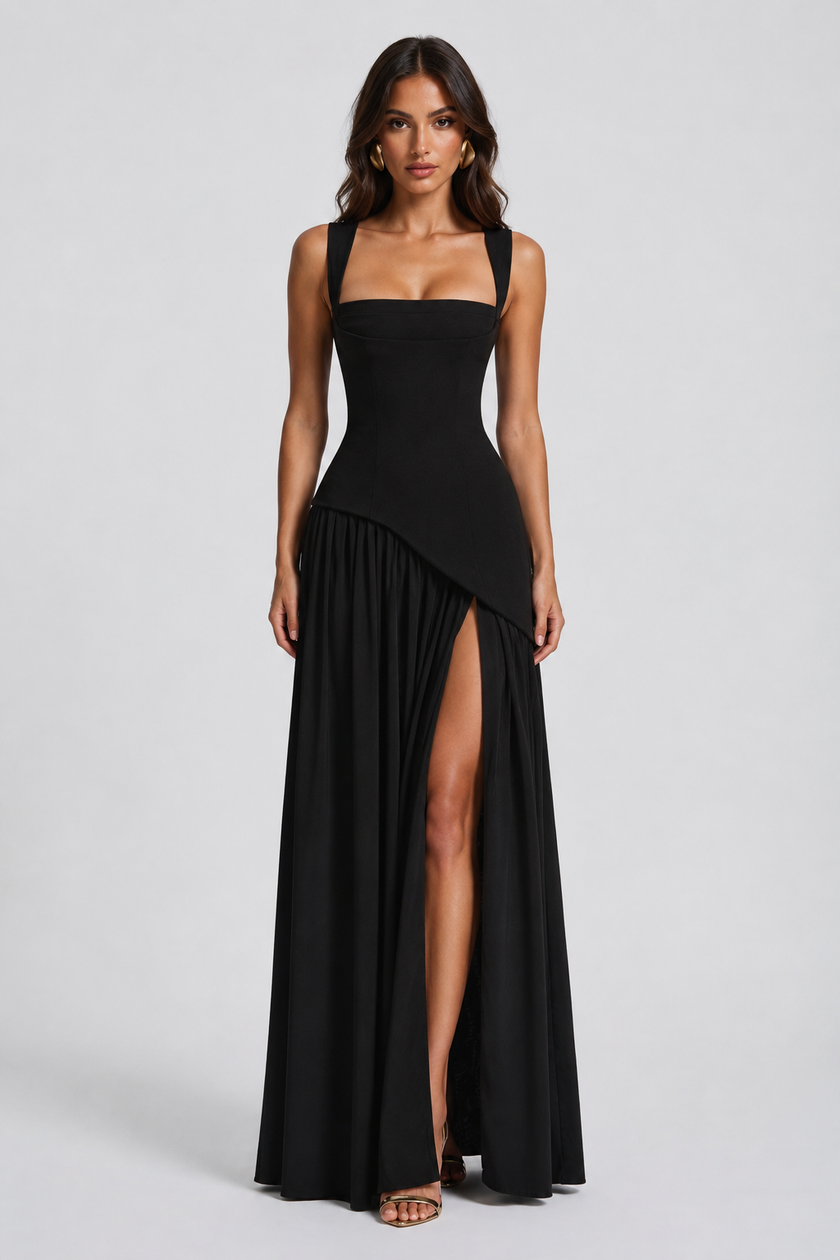 Elegant women's one-shoulder maxi dress by FJØRNA with side slit, draped satin fabric, showcasing a sculpted silhouette.