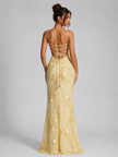 Elegant women’s floral embroidered corset maxi dress by FJØRNA featuring a sculpted silhouette and intricate floral embroidery.