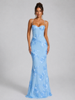 Women’s floral embroidered corset maxi dress by FJØRNA featuring a sculpted silhouette and elegant floral embroidery.