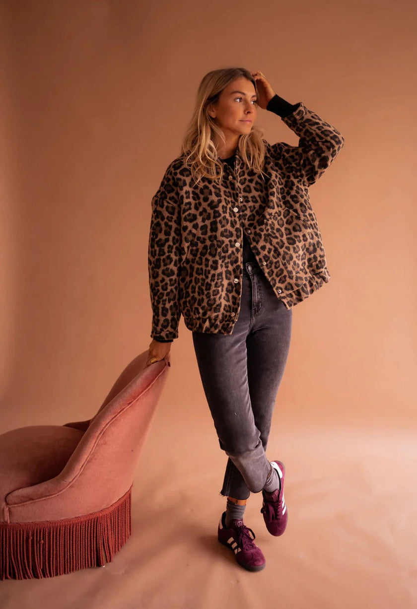 Bomber Jacket Women Leopard Print Oversized Snap Front
