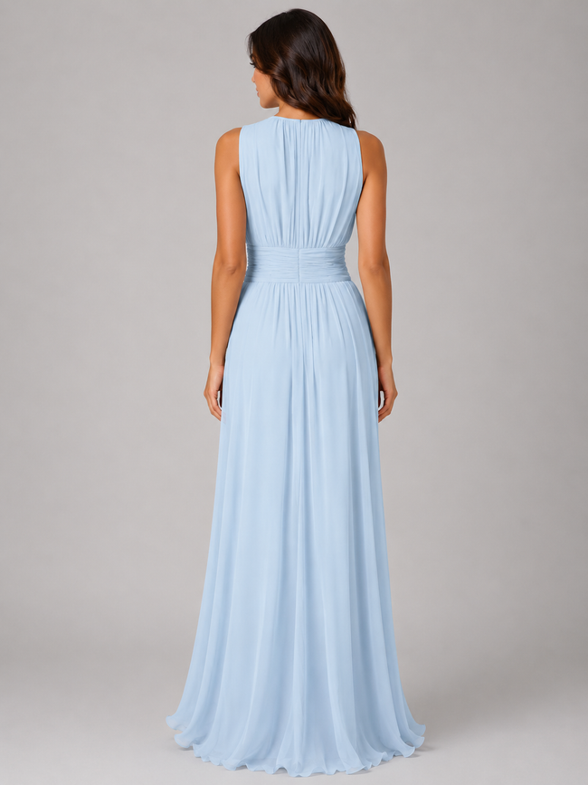 FJØRNA women's chiffon maxi dress with ruched waist and flowing silhouette, ideal for wedding guest or formal occasions.