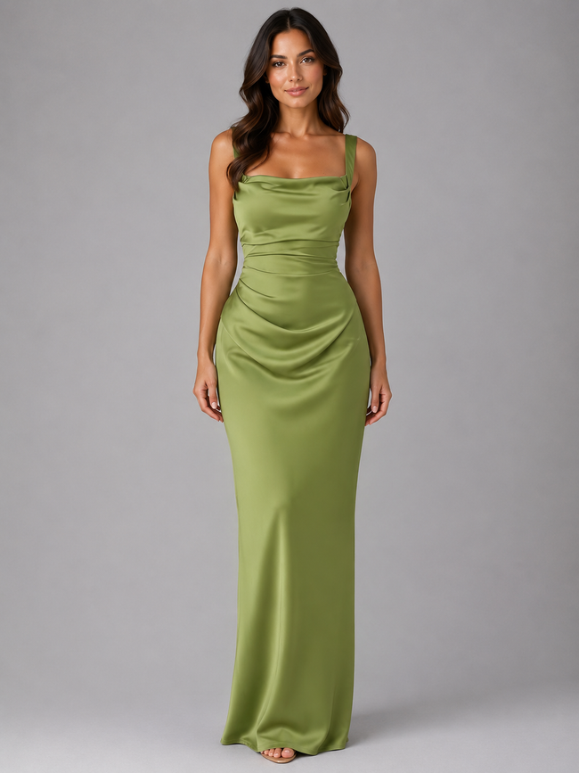 Women’s satin feel maxi dress with ruched waist by FJØRNA, featuring a sculpted fit perfect for wedding guest attire.