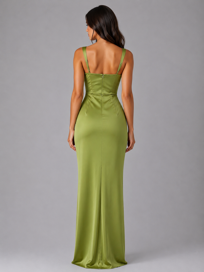 Women's satin feel maxi dress with ruched waist by FJØRNA, featuring a sculpted fit, ideal for wedding guest occasions.