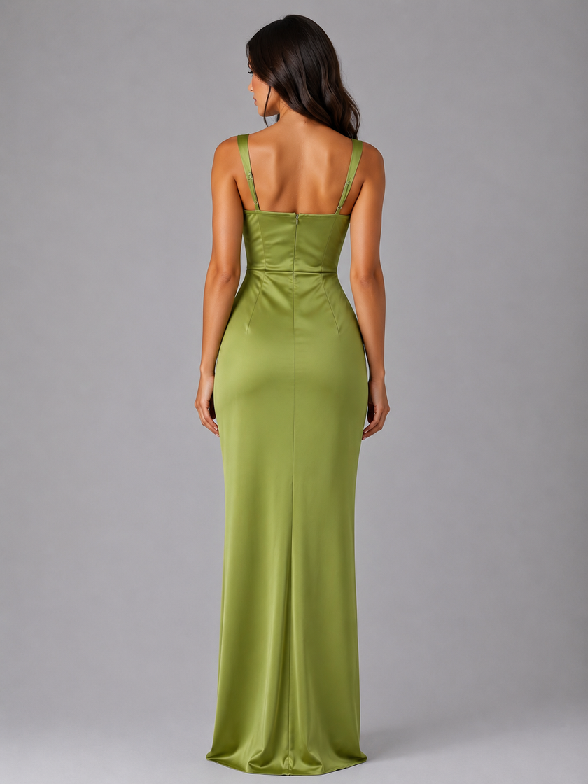 Women's satin feel maxi dress with ruched waist by FJØRNA, featuring a sculpted fit, ideal for wedding guest occasions.