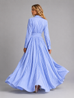 Women's striped maxi shirt dress with cinched waist and flowing style by FJØRNA, perfect for summer wear.