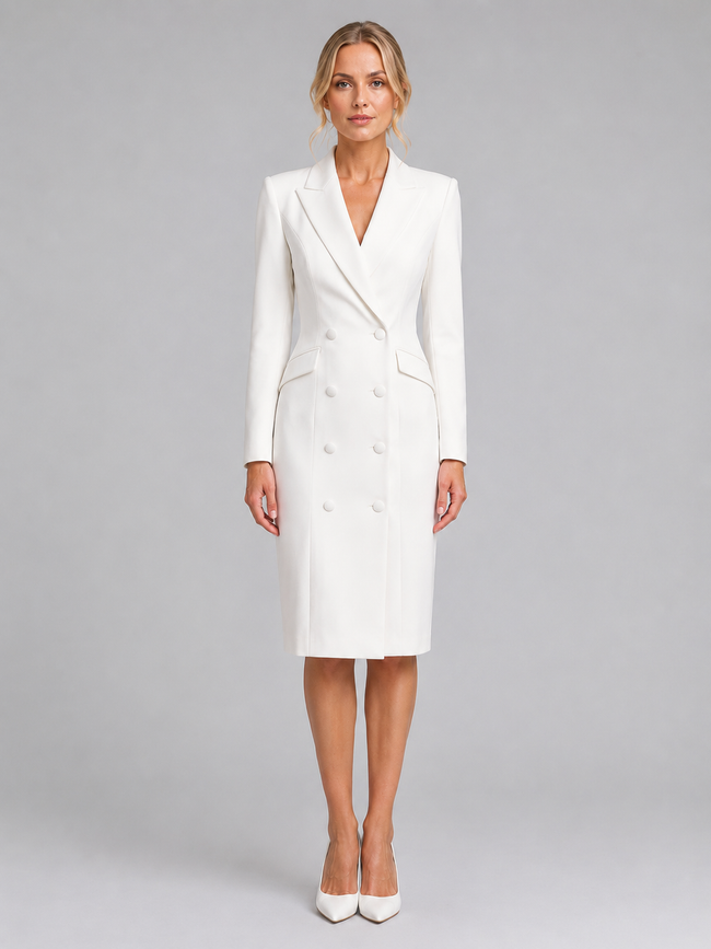 Women's tailored double-breasted blazer midi dress by FJØRNA, formal occasion style, featuring a fitted blazer design and elegant silhouette.