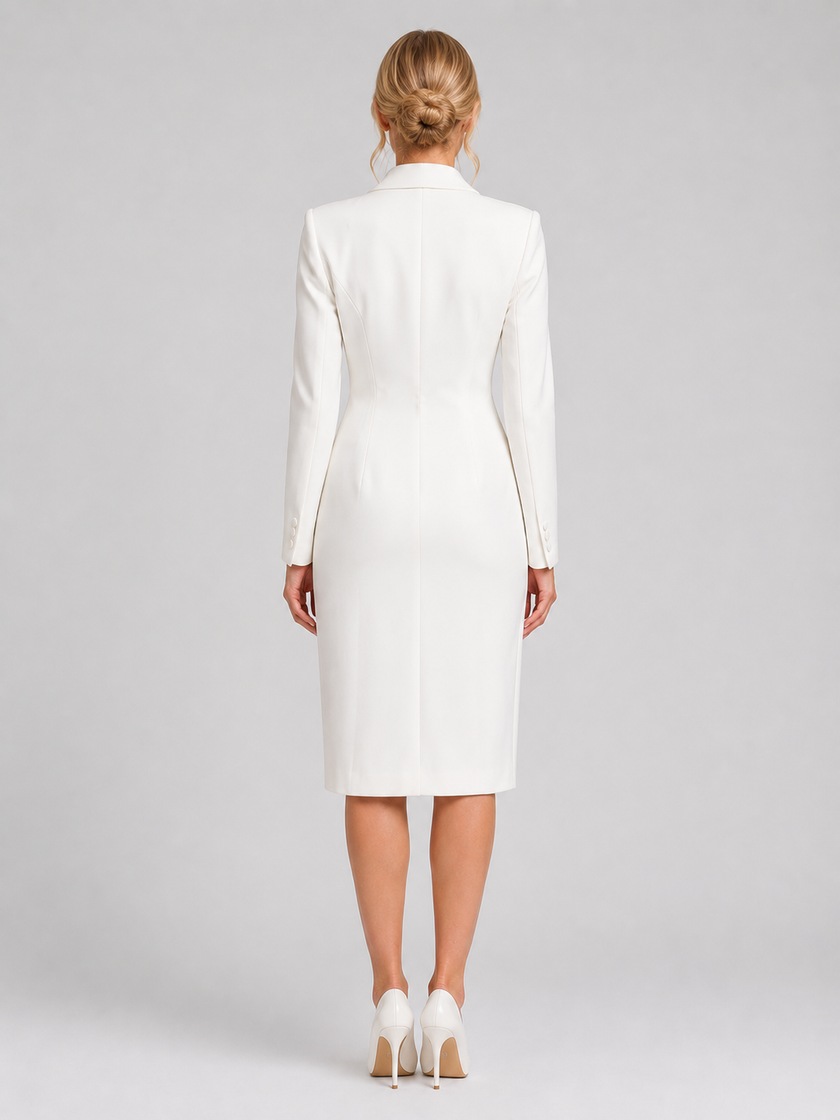 Women's tailored double-breasted blazer midi dress by FJØRNA, formal occasion style with fitted silhouette and classic lapel design.