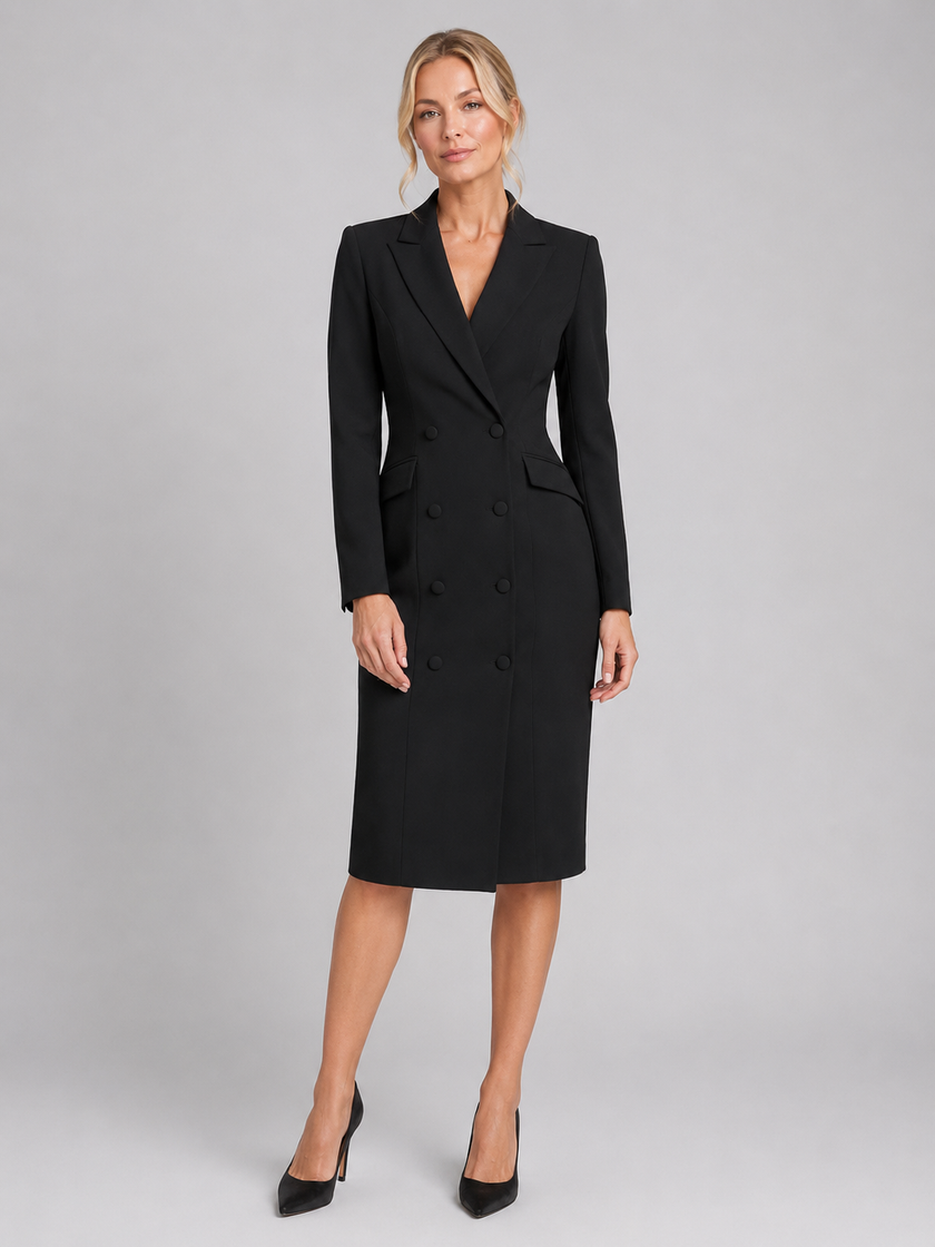 FJØRNA women's tailored double-breasted blazer midi dress, formal occasion style, featuring a fitted design and classic lapel details.