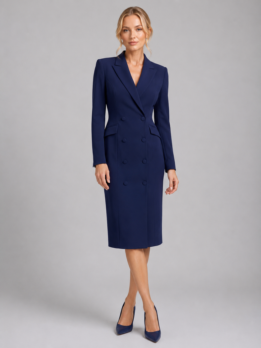 Women's tailored double-breasted blazer midi dress by FJØRNA, perfect for formal occasions and elegant cocktail events.