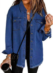 Denim Jacket Women Longline Oversized Frayed Hem Snap Front