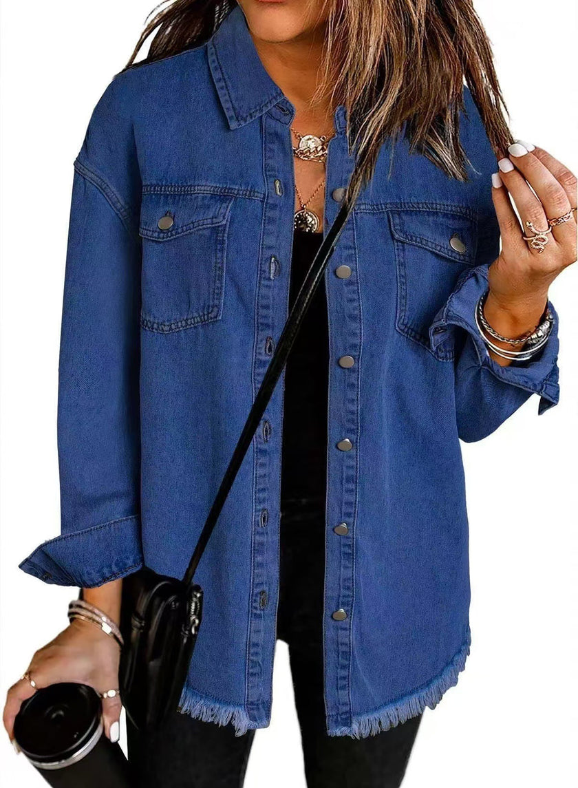 Denim Jacket Women Longline Oversized Frayed Hem Snap Front
