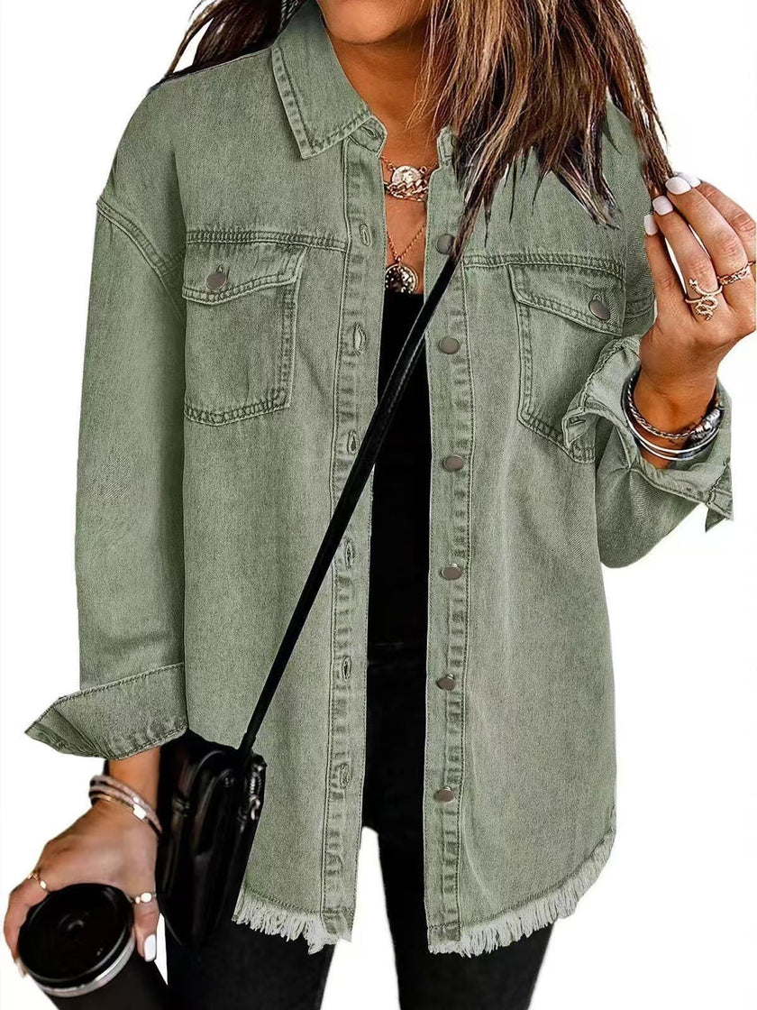 Denim Jacket Women Longline Oversized Frayed Hem Snap Front